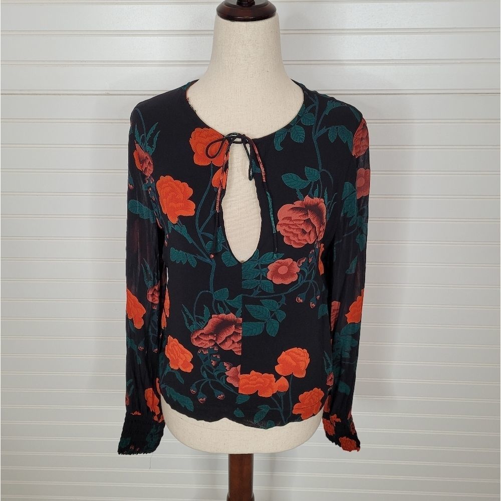 GANNI Georgette Black Red Floral Keyhole Silk Blouse Top Sz. 36